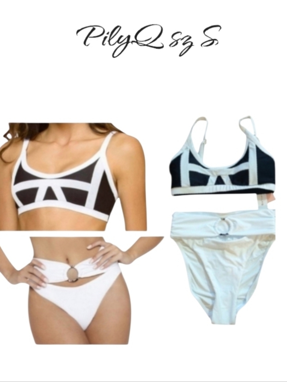 PilyQ PQ Swim Midnight Gold Color Block Bikini Set Black White Sporty Size Small